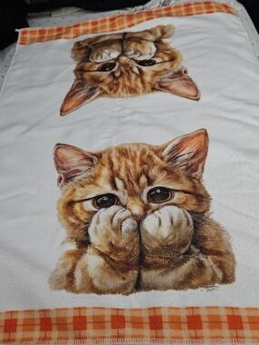 Cat's Face And Paws White Cotton Tea Towel Orange Plaid Trim